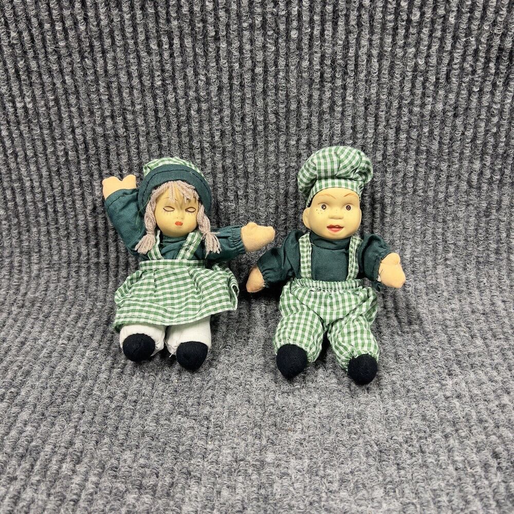 Vintage Shelf Sitter Set Of 2 Porcelain 6โ Dolls Girlโ Boy Cottage Core Green